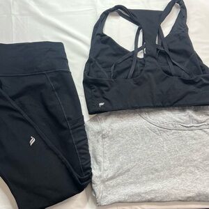 Fabletics 3 pc Black Strappy Sports Bra & Leggings Set with Light Gray Tee